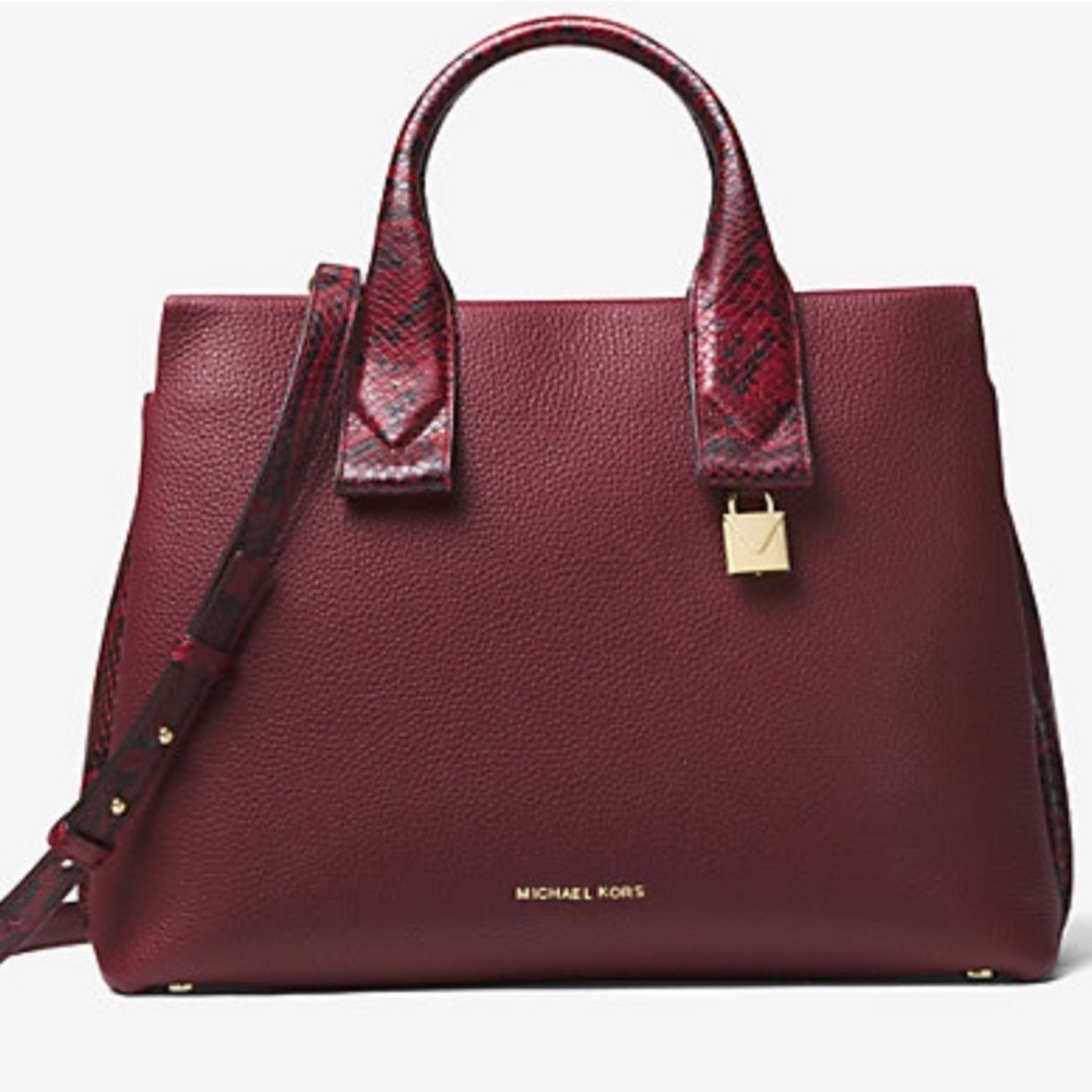 MICHAEL KORS Rollins Leather Medium Oxblood Red Snake Python Satchel Bag Gold